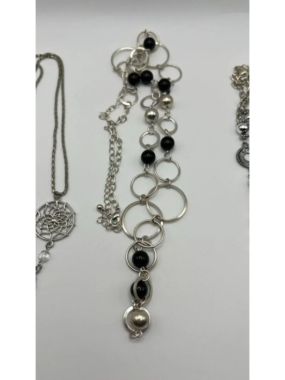 Set Of 3 Silver-Tone Necklaces With Dreamcatcher Beaded Rings & Ornamental Desig